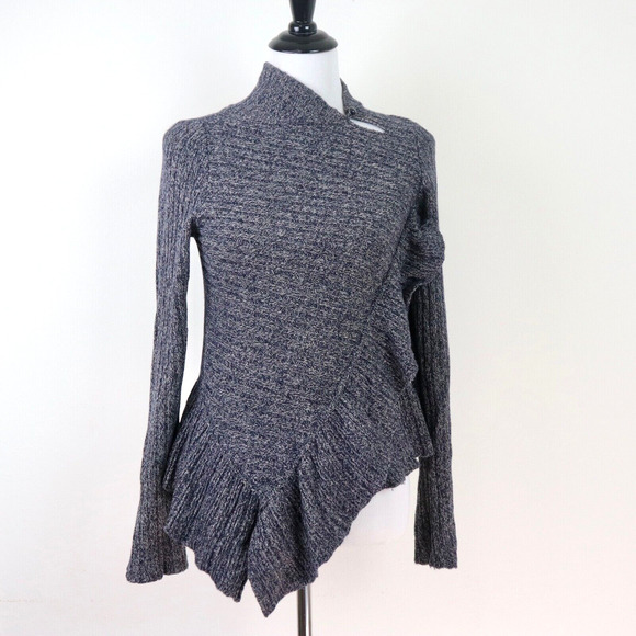 Anthropologie Size S Cascading Ruffles Asymmetrical Sweater Gray - Picture 3 of 10